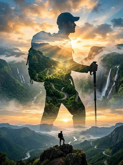 Epic Double Exposure Mountain Travel Poster – Sahyadri Peaks AI Prompt for Gemini