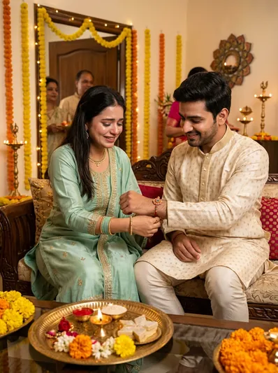 Emotional Raksha Bandhan Celebration – Traditional Festive Living Room AI Prompt for Gemini