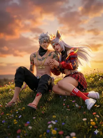 Fantasy Couple at Golden Hour - AI copy paste AI prompt example for couples, golden-hour