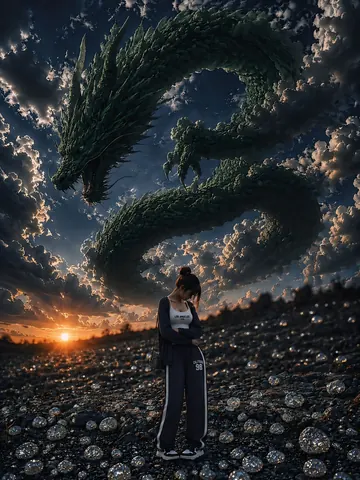 Fantasy Dragon and Girl in Stormy Sunset - Midjourney copy paste AI prompt example for black-and-white, streetwear