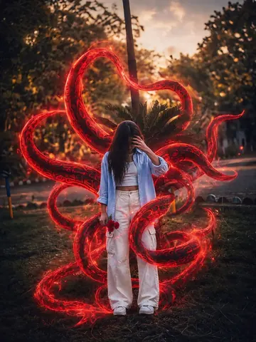 Fantasy Girl in Park with Glowing Energy Tentacles - Midjourney copy paste AI prompt example for golden-hour, aesthetic