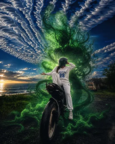 Fantasy Girl on Bike with Ghost Spirit - Midjourney copy paste AI prompt example for cinematic, dark