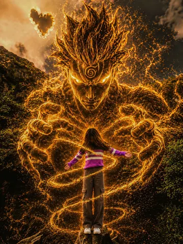 Fantasy Girl with Guardian Spirit on Cliff - AI copy paste AI prompt example for cinematic, anime