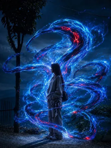 Fantasy Night Portrait of Woman with Energy Vortex - Midjourney copy paste AI prompt example for dark, streetwear
