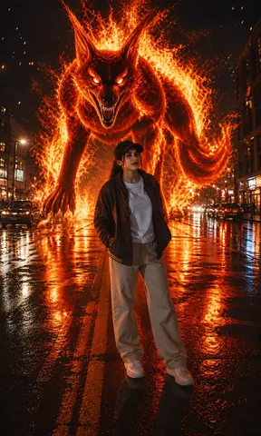 Flaming Fox Demon in City Street - Stable Diffusion copy paste AI prompt example for cinematic, city