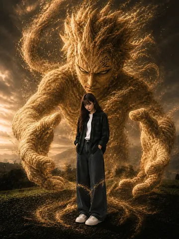 Giant Golden Sand Monster Behind Tall Girl - Midjourney copy paste AI prompt example for cinematic, dark