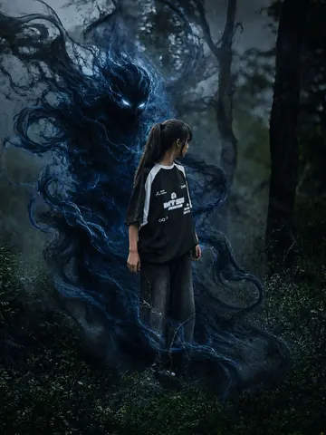 Girl in Dark Forest with Demon - Midjourney copy paste AI prompt example for black-and-white, dark