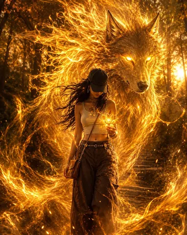 Girl in Golden Forest with Mythical Wolf Spirit - AI copy paste AI prompt example for cinematic, fantasy