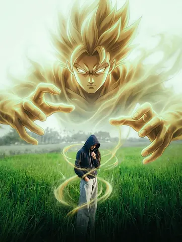 Glowing Golden Energy Warrior and Hooded Girl - AI copy paste AI prompt example for cinematic, anime