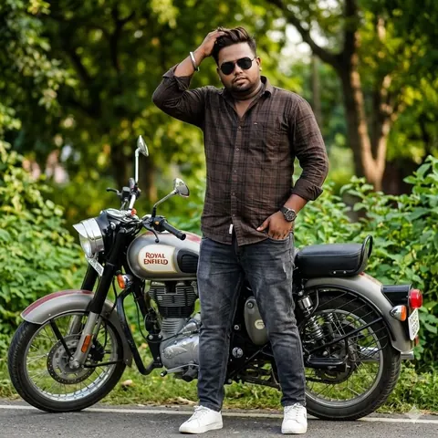 Indian Man with Royal Enfield Bike - AI copy paste AI prompt example for indian, dark