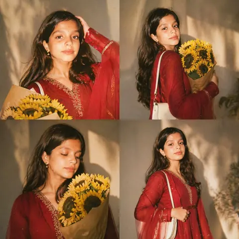 Indian Woman in Red Anarkali Dress with Sunflowers - Midjourney copy paste AI prompt example for aesthetic, flowers
