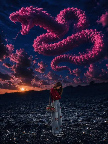 Lonely Girl Standing on Dark Ground at Sunset - Midjourney copy paste AI prompt example for cinematic, dark