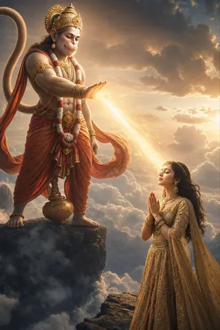 Lord Hanuman Bestows Blessing on Devotee - Midjourney copy paste AI prompt example for cinematic, indian
