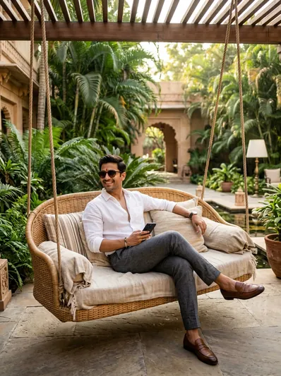 Luxury Resort Swing Portrait Stylish Indian Man AI Prompt for Gemini