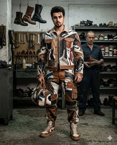 Man in Avant Garde Streetwear on Wooden Platform - AI copy paste AI prompt example for cinematic, streetwear