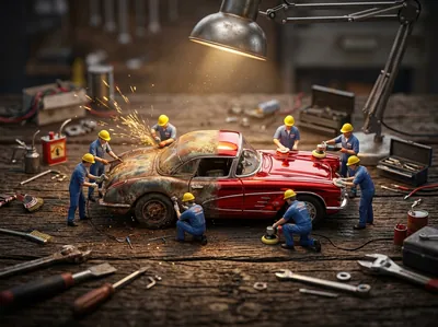 Miniature Workers Vintage Car Restoration Tilt Shift Macro AI Prompt for Gemini