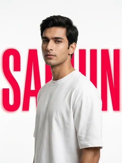 Minimalist Editorial Studio Portrait – Vivid Red Typography AI Prompt for Gemini