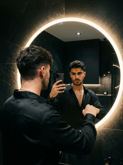 Moody Dark Aesthetic LED Mirror Selfie Portrait AI Prompt for Gemini