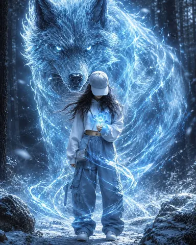 Mysterious Girl in Frozen Forest with Icy Wolf Spirit - Stable Diffusion copy paste AI prompt example for cinematic, fantasy