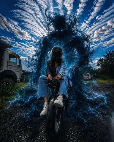 Mysterious Girl on Bike with Dark Energy Creature - Midjourney copy paste AI prompt example for dark, cinematic
