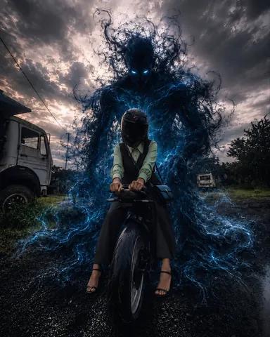 Mysterious Girl on Sports Bike with Shadow Creature - Stable Diffusion copy paste AI prompt example for dark, cinematic