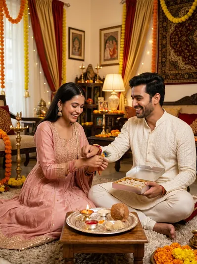 Raksha Bandhan Joyous Sibling Bond Traditional Living Room Portrait AI Prompt for Gemini