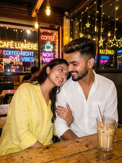 Cinematic Romantic Café Couple Portrait – Indian Love Story AI Prompt for Gemini