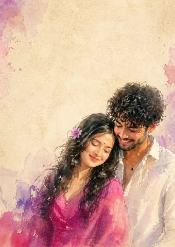 Romantic Watercolor Couple Portrait - Midjourney copy paste AI prompt example for couples, dark