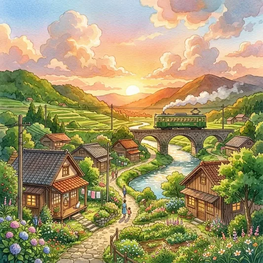 Studio Ghibli Nostalgic Countryside Village Sunset - copy paste on Gemini AI