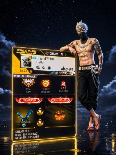 Stylish Male Character Leaning on Holographic Profile Card - Midjourney copy paste AI prompt example for gaming, night