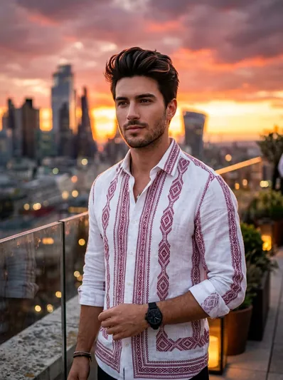 Sunset Rooftop Bokeh Portrait – Crimson Geometric Shirt AI Prompt for Gemini