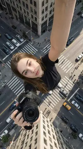 Forced Perspective Selfie | Giant Woman in Urban Crosswalk - copy paste viral AI prompt