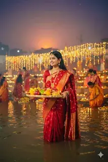 Girl doing puja in river - copy paste viral AI prompt