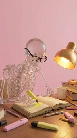 Glass Skeleton Studying | 3D Render Studying at Desk with Highlighters - copy paste viral AI prompt