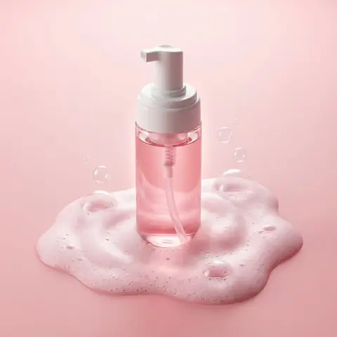 Minimalist Skincare Product | Pink Cleanser Bottle with Foam Bubbles - copy paste viral AI prompt