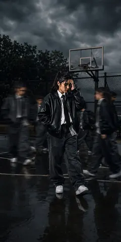 Teenage Girl in Leather Jacket on Basketball Court - AI copy paste AI prompt example for fashion, dark