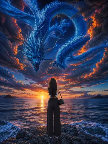 Teenage Girl Standing on Ocean Rock at Sunset - Midjourney copy paste AI prompt example for cinematic, fantasy