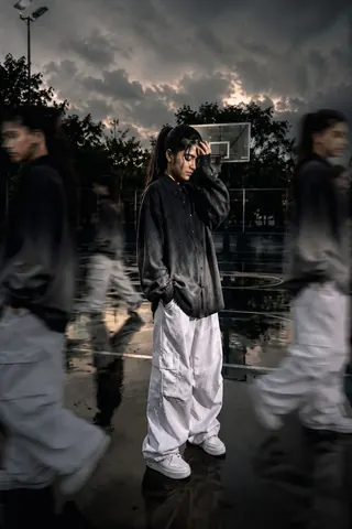 Teenage Girl Streetwear Photoshoot - Midjourney copy paste AI prompt example for fashion, dark