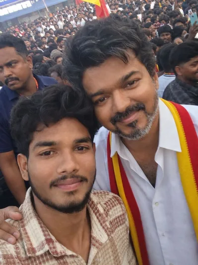 Thalapathy Vijay in a crowded selfie - AI copy paste AI prompt example for selfie, ai-image