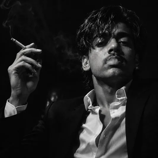 Cinematic Noir Smoking Portrait - copy paste on Gemini AI