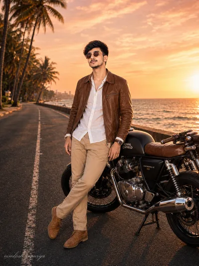 "Golden Coast Rider – Cinematic Sunset Royal Enfield Portrait" - copy paste on Gemini AI