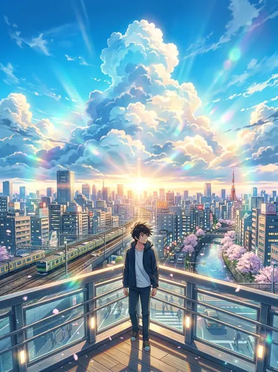 Vibrant Shinkai Anime Aesthetic Cityscape Portrait AI Prompt for Gemini
