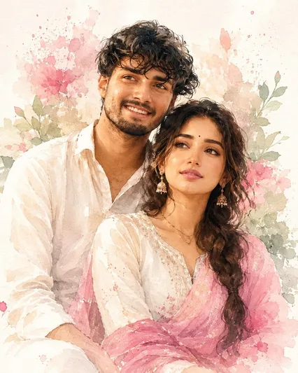 Watercolor Indian Couple Portrait - Midjourney copy paste AI prompt example for couples, portrait