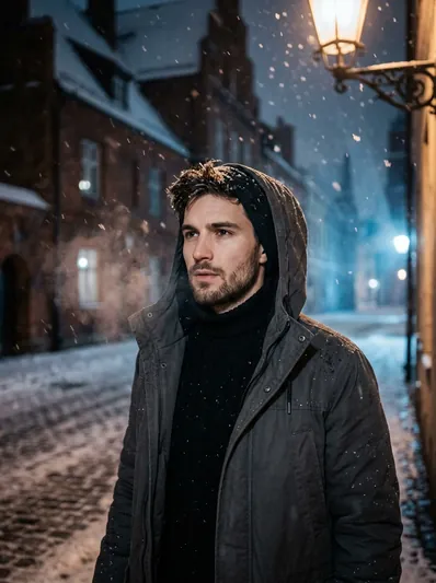 Winter Noir Snowy Street Cinematic Parka Jacket Portrait AI Prompt for Gemini