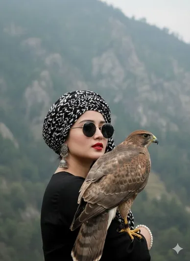 Woman in Black with Hawk on Rocky Outdoor Scene - AI copy paste AI prompt example for outdoor, cinematic