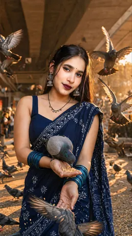 Woman in Navy Saree Feeding Pigeons - AI copy paste AI prompt example for golden-hour, cinematic