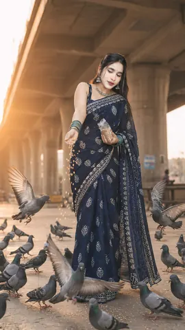 Woman in Navy Saree Feeding Pigeons Under Flyover - Midjourney copy paste AI prompt example for golden-hour, cinematic