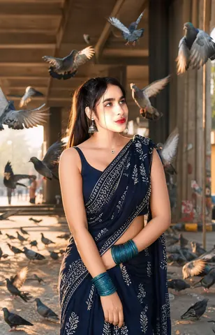 Woman in Navy Saree Under Flyover - Midjourney copy paste AI prompt example for golden-hour, cinematic