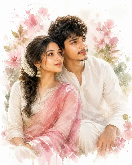 Young Indian Couple Watercolor Portrait - AI copy paste AI prompt example for couples, portrait