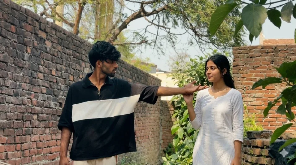 Young Indian Woman Holding Hand - Gemini copy paste AI prompt example for cinematic, indian